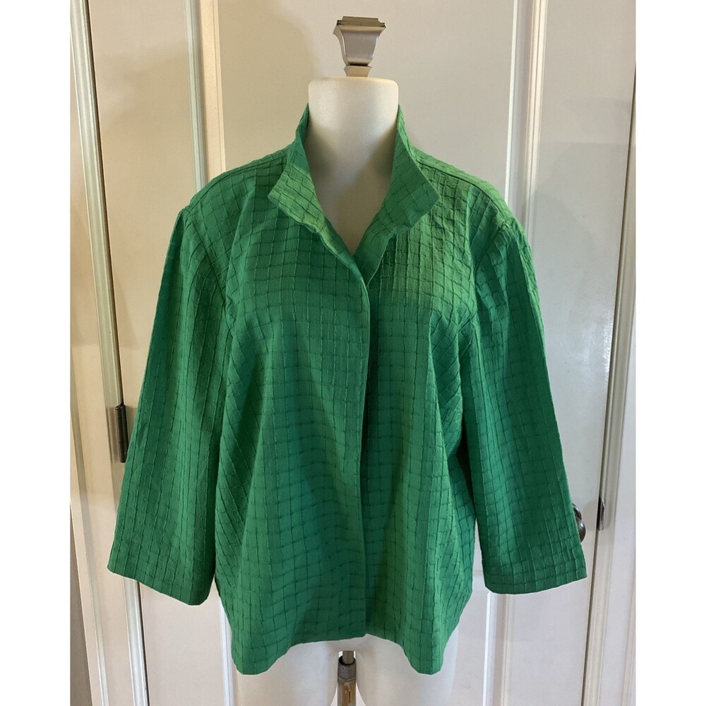 Chicos Kelly Green Cotton Blend Open Front Jacket Size 3 Travelers Collection‎